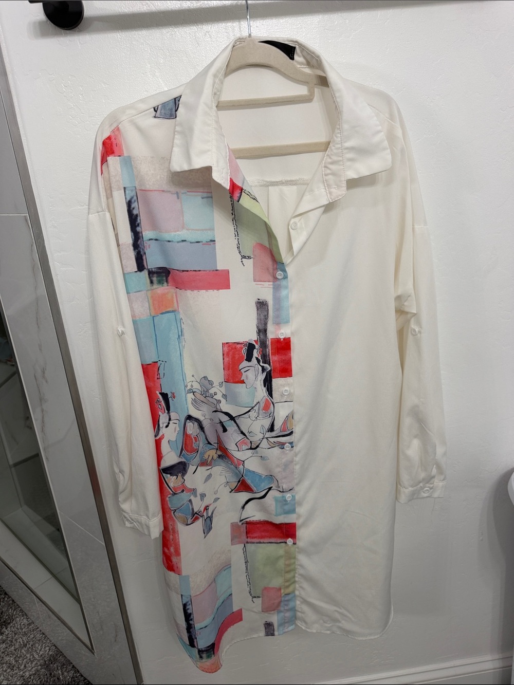 Women White Long-Sleeve Button Shirt with Abstract Multicolor Print
